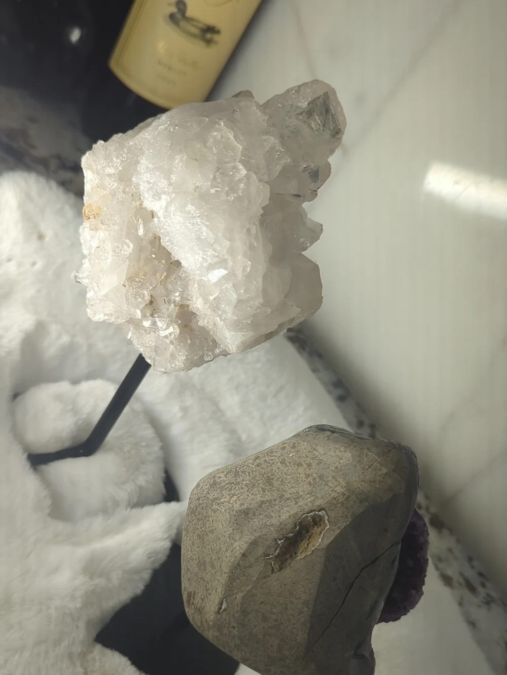 Natural Amethyst Geode And Quartz White Crystal Home Accent - Mounted On Stands.